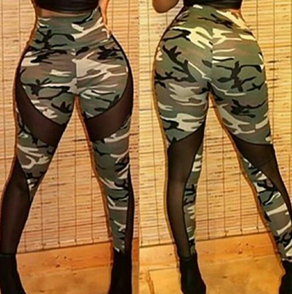 Camo Print Sheer Panel Leggings
